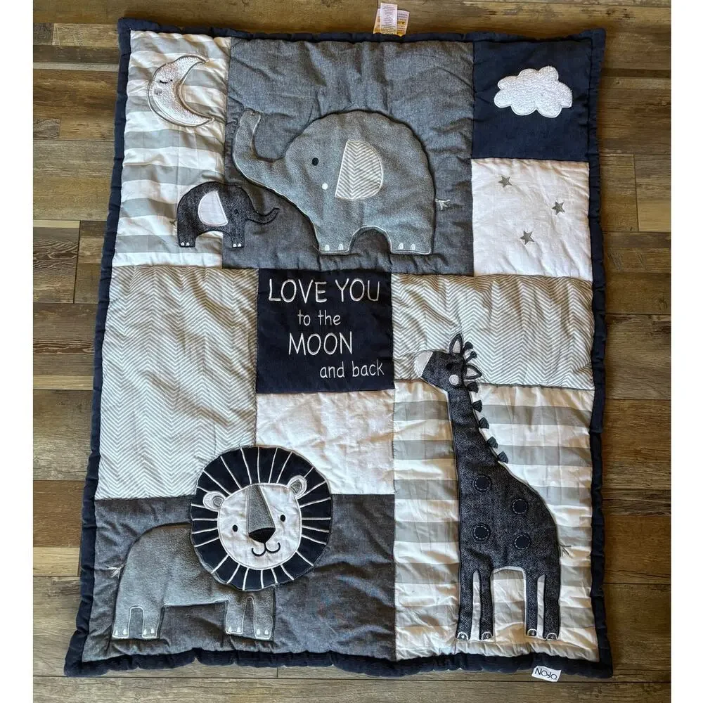 NOJO Quilted Baby Blanket Blue Gray White Tigers Giraffes Elephants